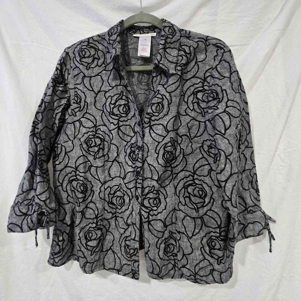 JM Collection 100% Linen 12P Button Up Floral Womans Blouse